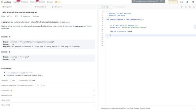 AMAZON/ TCS INTERVIEW QUESTION JAVA SCRIPT PROGRAM TO CHECK GIVEN STRING IS PANGRAM OR NOT(LeetCode смотреть онлайн