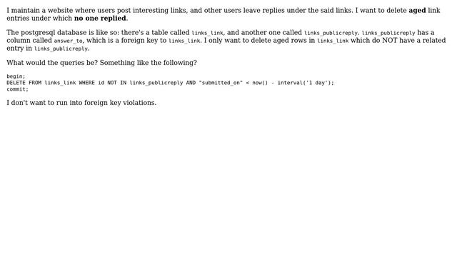 Deleting aged rows from postgresql table which don't have related entries in another table смотреть онлайн