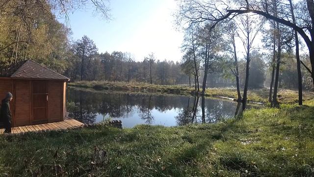 Утро октября. Осенний туман вело прогулка к водоёму . смотреть онлайн