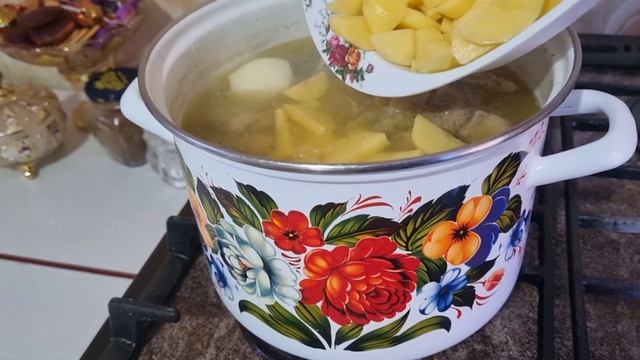 Готовлю суп на домашнем бульоне,макароны. Копаем картофель.