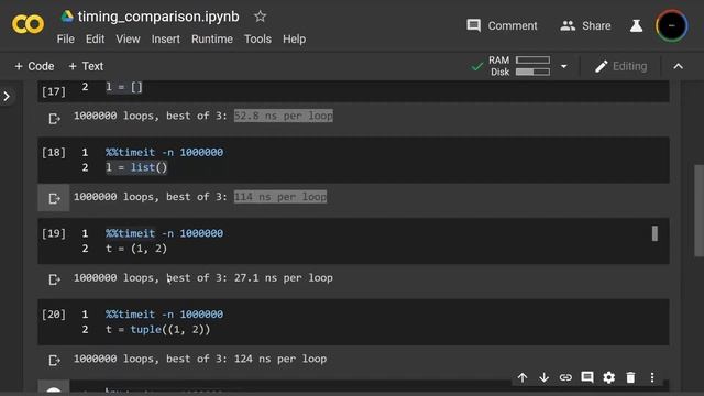 timing comparison - [] vs list(), ((1, 2)) vs tuple((1, 2)), {} vs dict() смотреть онлайн