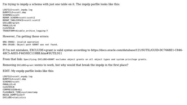 Databases: ORA-39002, ORA-39168 on IMPDP, Object path GRANT was not found смотреть онлайн