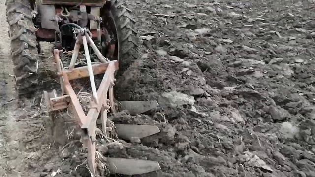 Самодельный плуг 3 корпуса на Т-25 в работе