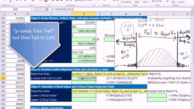 Excel 2010 Statistics 84: Two Tail t Distribution Mean Hypothesis Testing P-value & Critical Value смотреть онлайн