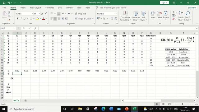 Exam questions MCQs Reliability test s in Excel using Kuder Richardson Formula 20 (KR-20) смотреть онлайн