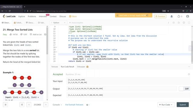 Leetcode problem 21: Merge two sorted linked lists смотреть онлайн