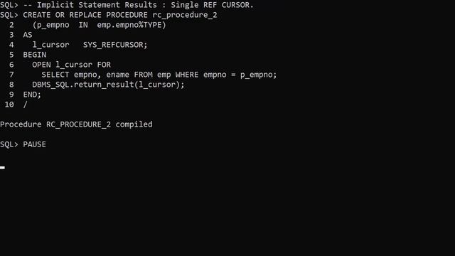 Returning REF CURSORs from PL/SQL : Functions, Procedures and Implicit Statement Results смотреть онлайн