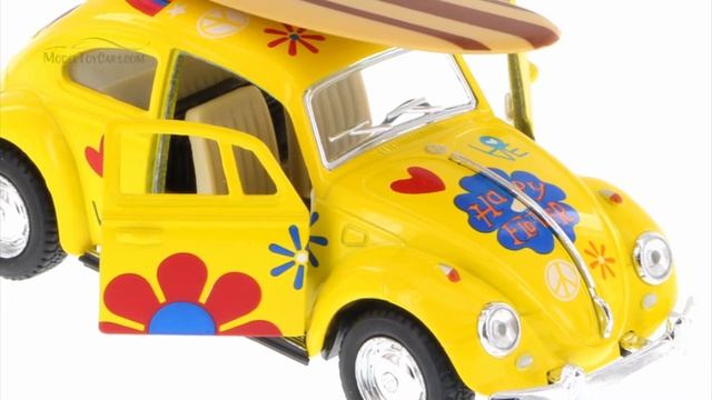 1967 Volkswagen Beetle w/ Surfboard, Yellow w/ flowers - Kinsmart 5057DS - 1/32 scale Diecast Car смотреть онлайн