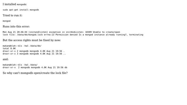 Ubuntu: mongodb Unable to create/open lock file смотреть онлайн