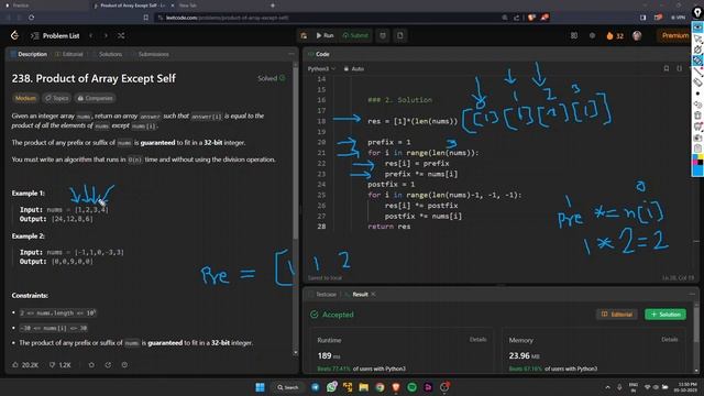 Product of Array Except Self - Leetcode 238 - Python смотреть онлайн