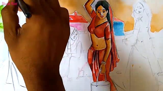 Village River Scene 😀Picture Composition- Memory Drawing смотреть онлайн