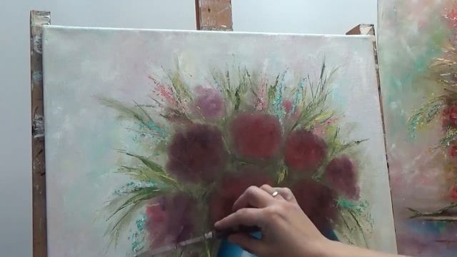 Рисуем цветы гортензии пальцами! Ваза с цветами мастихином и пальцами. смотреть онлайн
