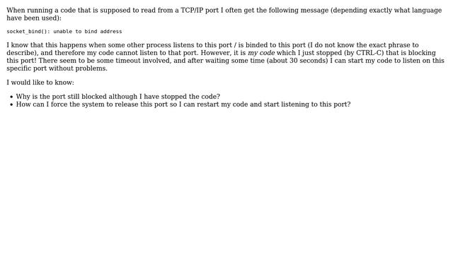 How to connect to port immedeately, avoiding socket_bind(): unable to bind address? смотреть онлайн