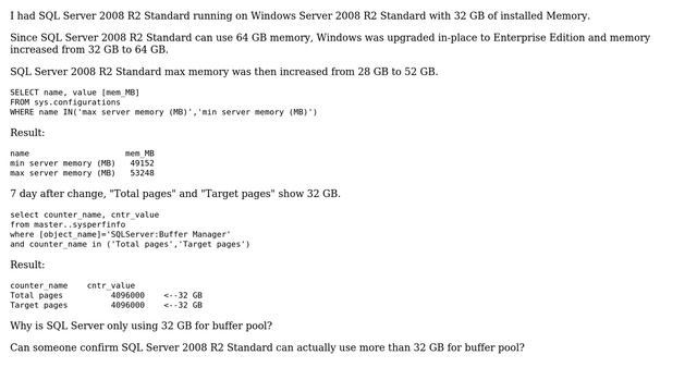 Databases: SQL Server 2008 R2 Standard Edition not using more than 32GB for BufferPool смотреть онлайн