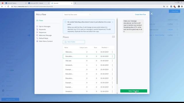 ManyChat на русском. Как настроить ключевые слова и ответ бота по умолчанию смотреть онлайн