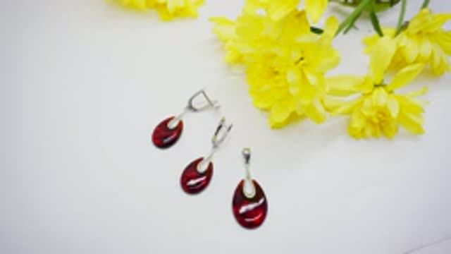 Серебряные серьги и подвеска "Туанди" янтарь вишневый родий 925 Ag комплект гарнитур 172 Хорошие Вещ