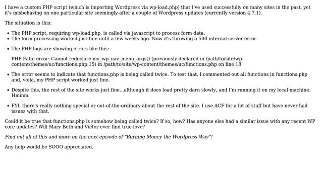 Wordpress: functions.php is being included twice, creating PHP fatal errors (2 Solutions!!) смотреть онлайн