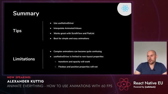 React Native EU 2021: Alexander Kuttig - Animate everything - How to use Animations with 60 fps смотреть онлайн