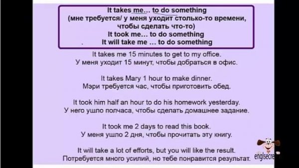 Видеоурок по английскому языку: Конструкция It takes me ... to do something