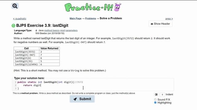 Java Practice It || 3.9 lastDigit || method basics, parameters, return, math. смотреть онлайн