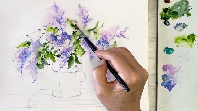 Lilac in a Vase-Watercolor Painting Flowers -Tutorial for Beginner Step by Step смотреть онлайн