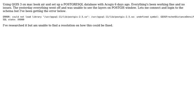 GIS: Online POSTGRESQL database error "undefined symbol: GEOSFrechetDistanceDensify" смотреть онлайн