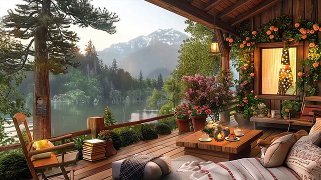 Tender Piano Jazz Instrumental Music For Relaxation In Cozy Porch | Spring Lake In Forest Ambience