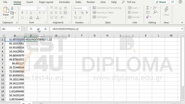 Display the values of the cell range A1:A20 in the cell range B1:B20 using a rounded down with 2... смотреть онлайн