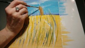 Пшеничное поле с ромашками и васильками. Гуашь, правополушарное рисование