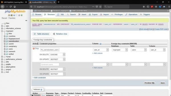 How to add Foreign Keys in Xampp(PhpMyAdmin) Database Tables
