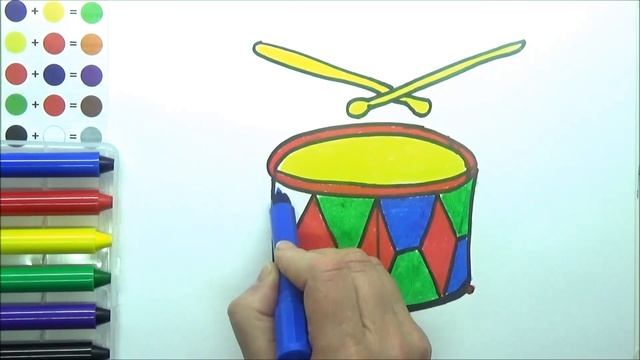Раскраска для детей БАРАБАН.  Мультик - Раскраска.  Рисуем БАРАБАН.  Учим цвета. Стихи для детей.