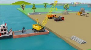 Самосвалы и гусеничный кран для детей | Строительство гавани морского порта