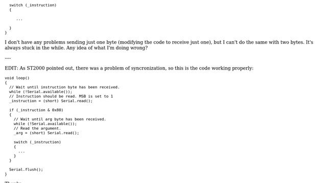 Arduino: Can't read two bytes through Serial.read - Arduino смотреть онлайн