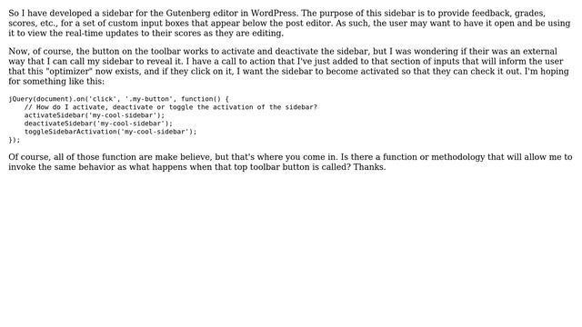 Wordpress: How do I trigger the sidebar reveal for my sidebar plugin in the Gutenberg editor? смотреть онлайн