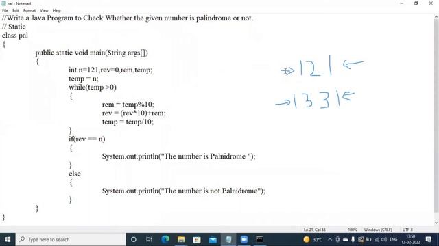 Java|Write a Java Program to Check Whether the given number is palindrome or not.|Palindrome number смотреть онлайн