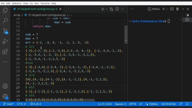 Kadane's Algorithm | Largest Sum Contiguous Subarray | DSA | Array - 08 | Python | Most Asked смотреть онлайн