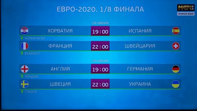 Турнирная таблица 1/8 финала Плей-офф чемпионата Европы по футболу 2020 смотреть онлайн