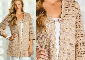 Красивый узор крючком для кардигана, простого прямого кроя и с рукавом три четверти