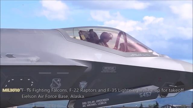 US Air Force. Powerful F-22, F-35, F-16 fighters lined up for takeoff in Alaska. смотреть онлайн