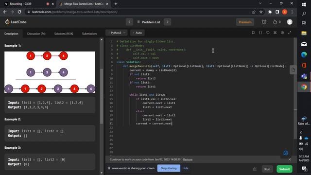leetcode problem - 21 merge 2 sorted linklist using python смотреть онлайн