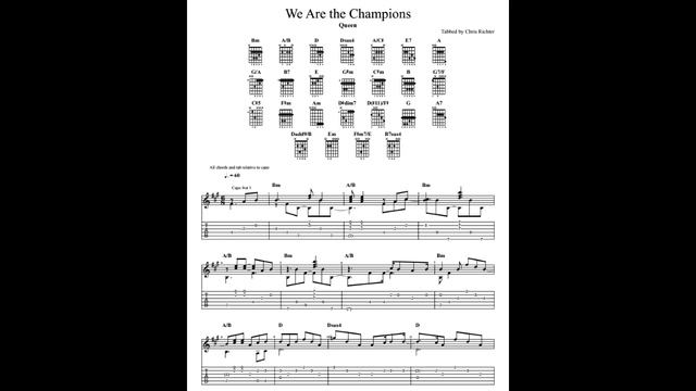 Queen: We Are the Champions with tablature/sheet music for solo fingerstyle guitar смотреть онлайн
