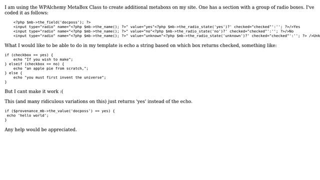 Wordpress: Creating an If/Else statement using WPAlchemy MetaBox radio boxs смотреть онлайн