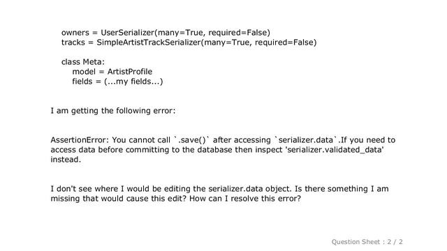 Django : Django REST Framework perform_create: You cannot call `.save()` after accessing `serialize смотреть онлайн
