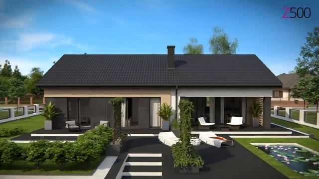 Z349 Стильный одноэтажный дом с двускатной кровлей и грамотной планировкой смотреть онлайн