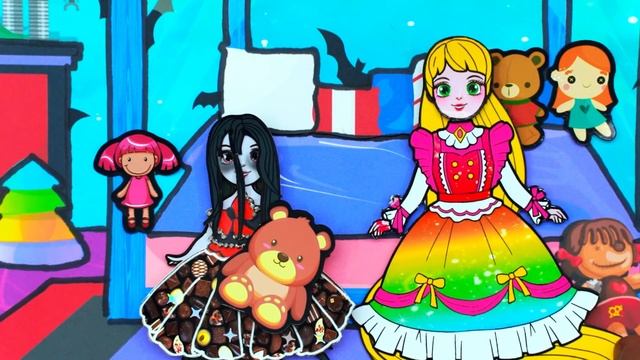 Paper Dolls Dress Up - Abandoned Sadako Daughter Vs Rapunzel Family Drees  - Barbie Story & Crafts
