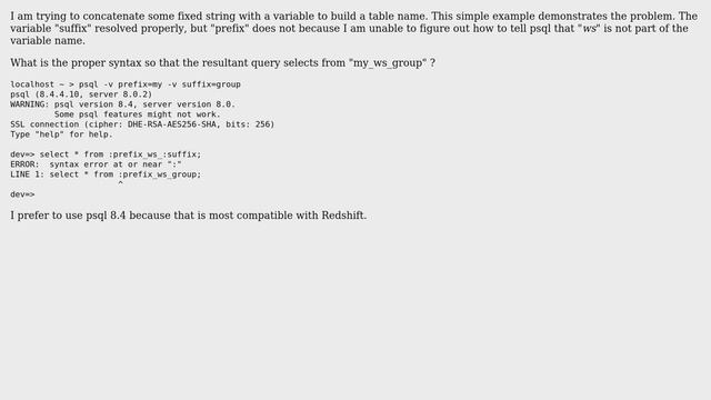Databases: How to concatenate psql variables in tablename? смотреть онлайн
