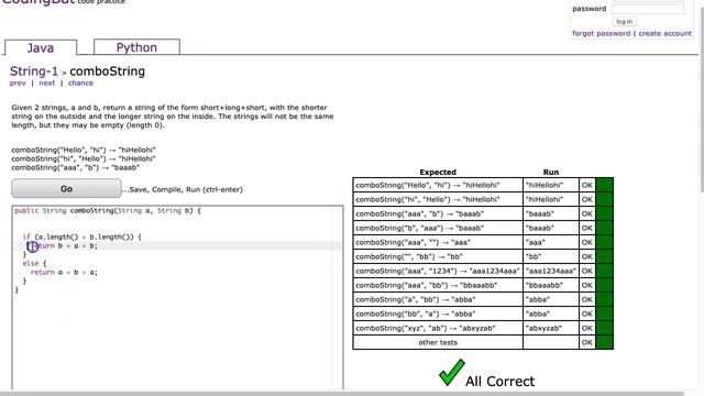 Codingbat - comboString (Java) смотреть онлайн
