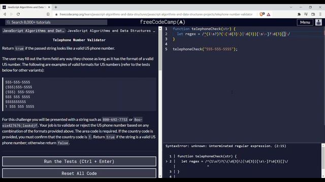 JavaScript Algorithms and Data Structures Projects | Telephone Number Validator | freeCodeCamp смотреть онлайн
