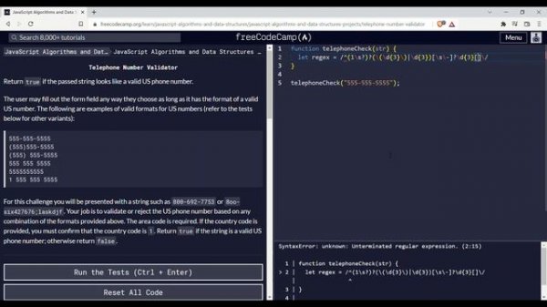 JavaScript Algorithms and Data Structures Projects | Telephone Number Validator | freeCodeCamp