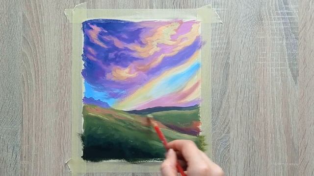 Как нарисовать дерево и цветущие поля. Весенний пейзаж красками. Как нарисовать закат. смотреть онлайн